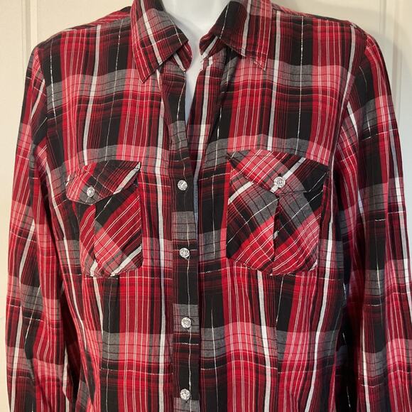 Cato Red Black Plaid W/Silver Thread Long Sleeve Fitted Pockets Western Shirt M - Picture 2 of 7
